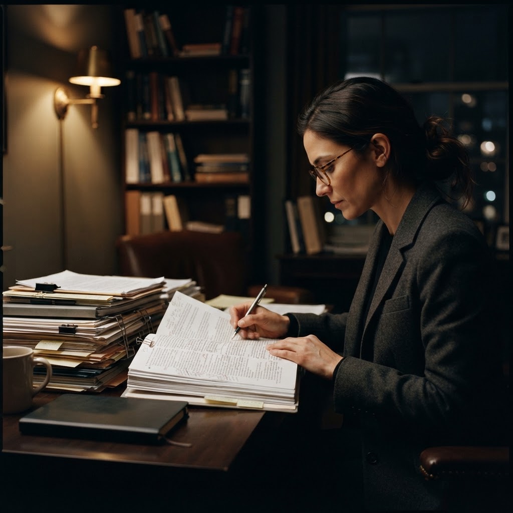 Professional analyst reviewing physical documentation in a dim office
