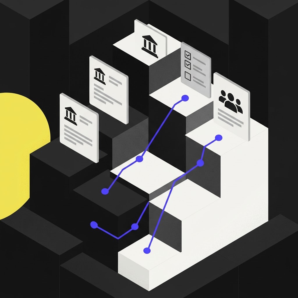 Isometric illustration of tiered pricing steps and screening cards