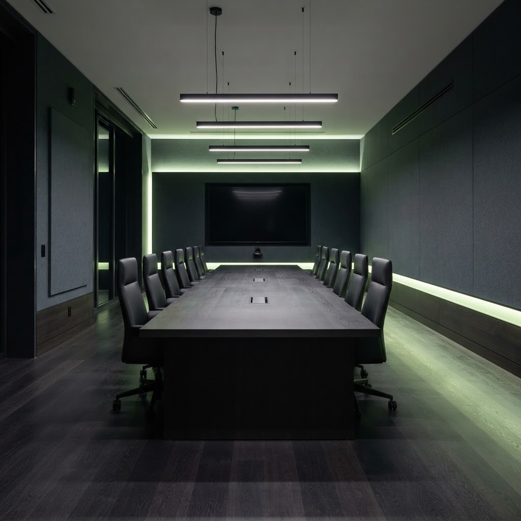 Empty boardroom with subtle green architectural lighting