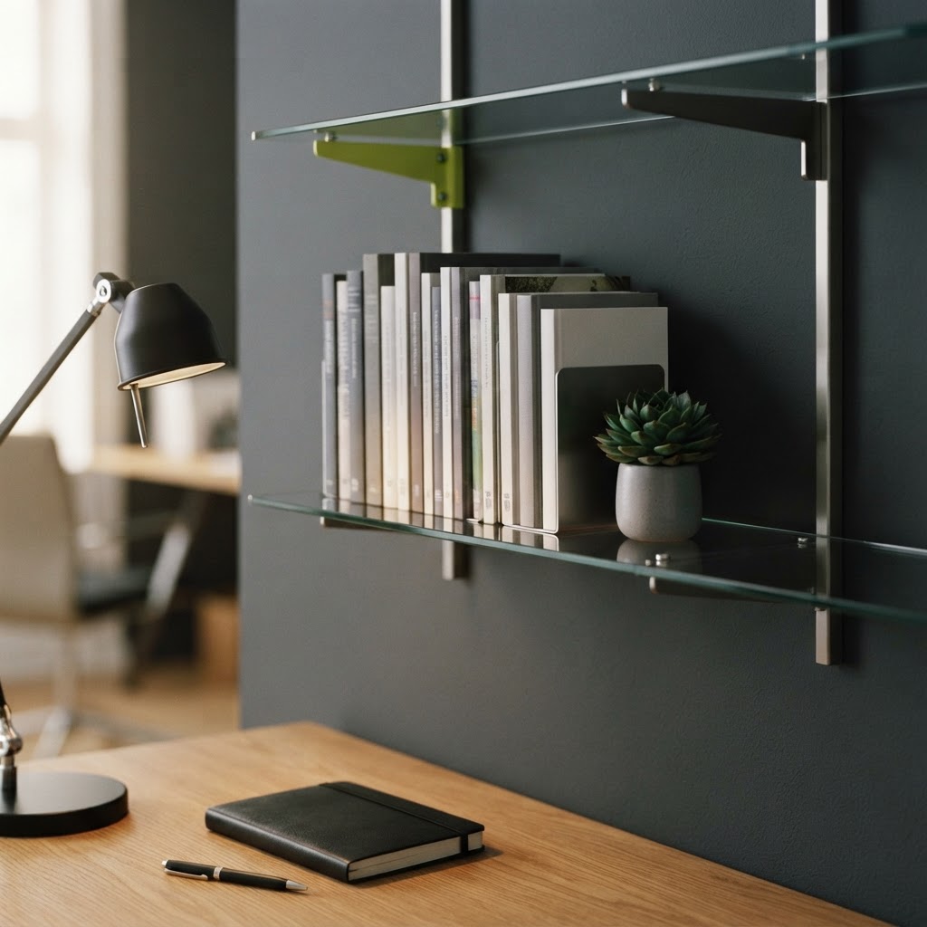 Minimalist office shelving with green accent