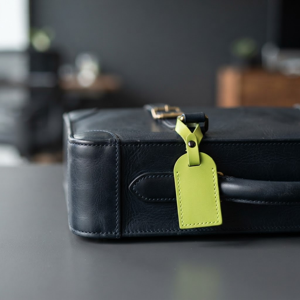 Professional briefcase handle with lime green tag