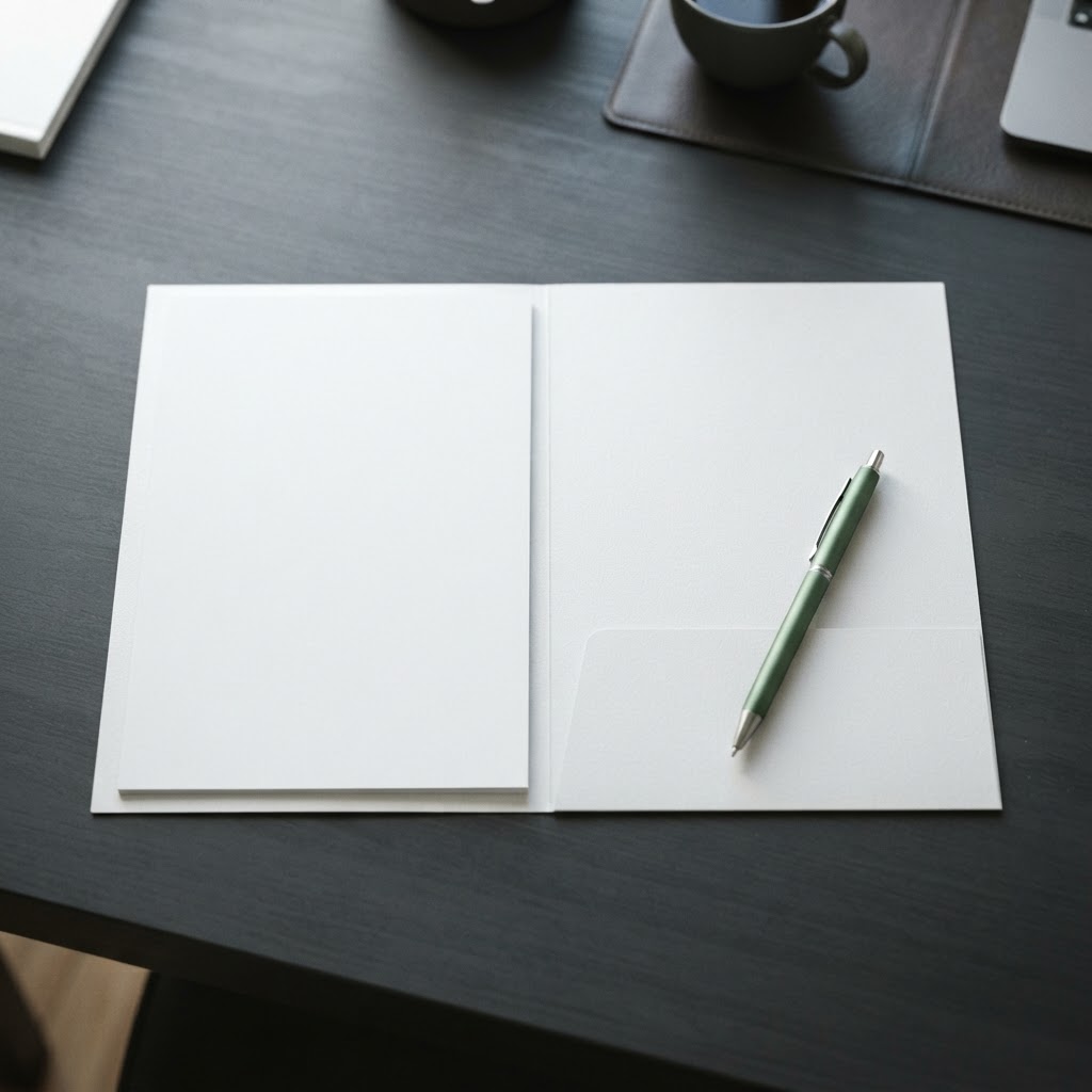 Professional research folder and green pen on dark desk