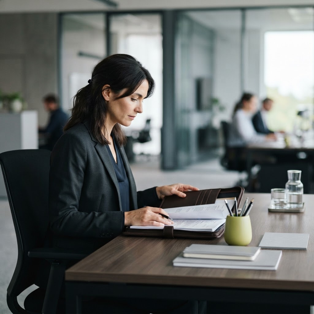 A knowledge professional reviewing a portfolio of documents in a quiet office