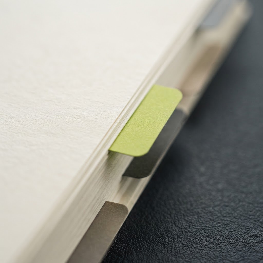 Close up of organized physical compliance documents with a signal marker