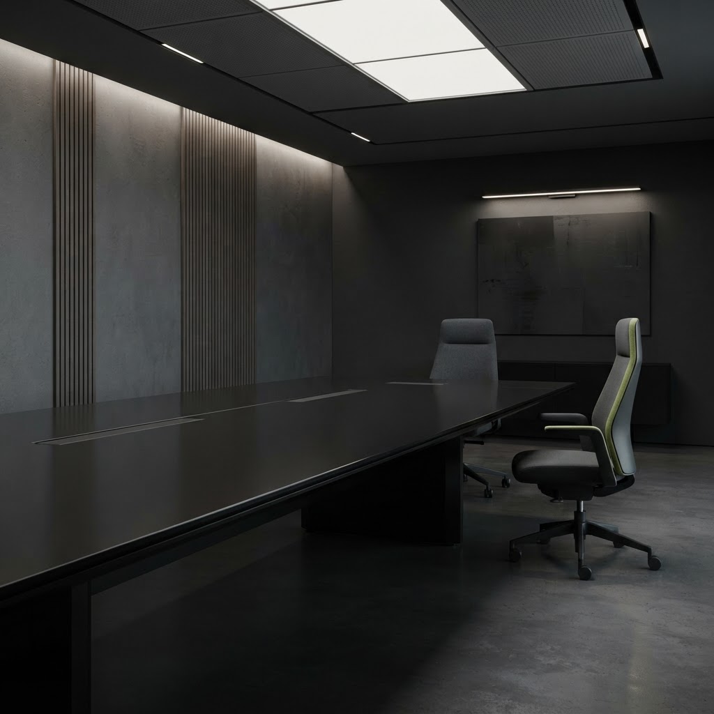 Minimalist conference room interior featuring dark surfaces and a subtle accent