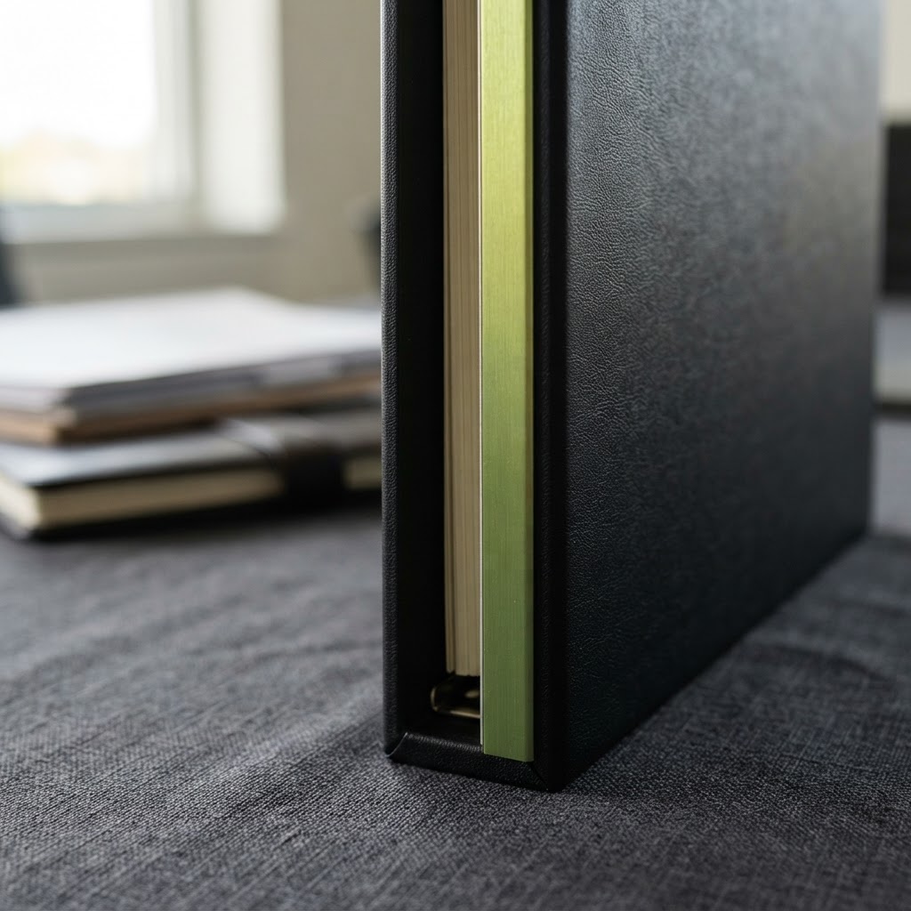 Close up of a professional document binder with a lime green edge