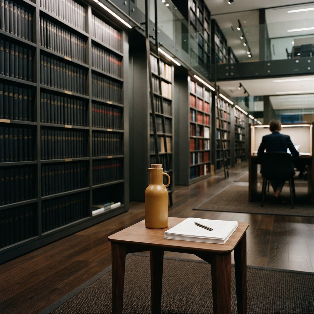 Corporate library archive shelves with a focused workspace in foreground