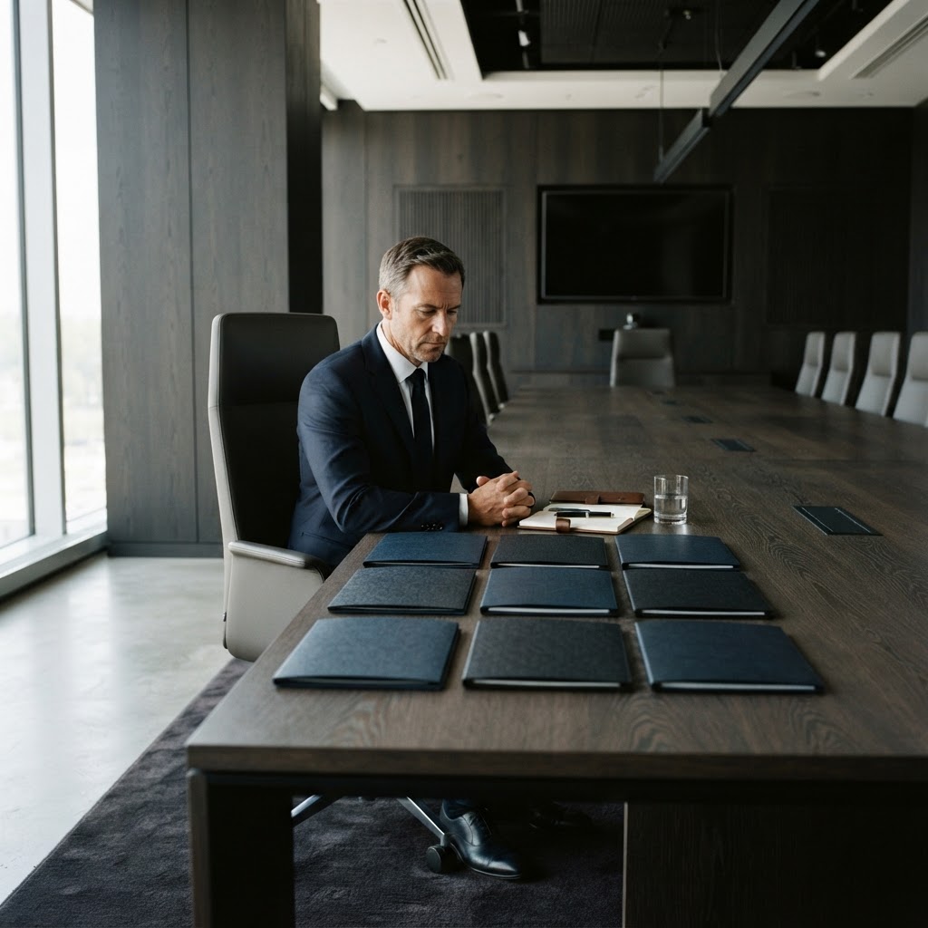 Professional preparing for high-stakes board review in boardroom