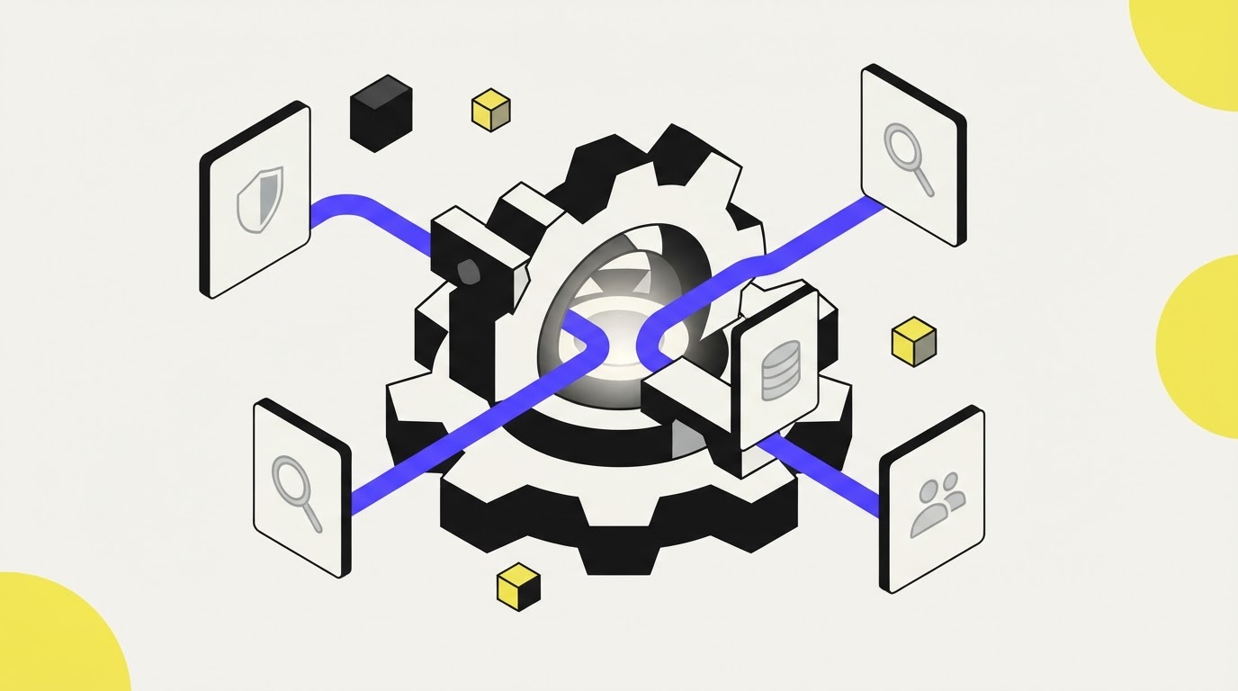 Geometric gear and bridge structure representing AI compliance loops