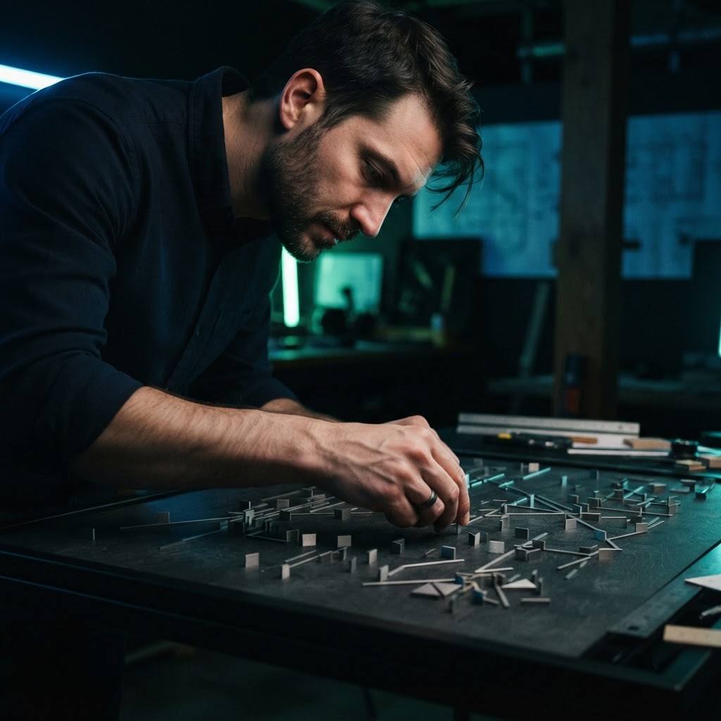 Founder planning business strategy with physical tokens