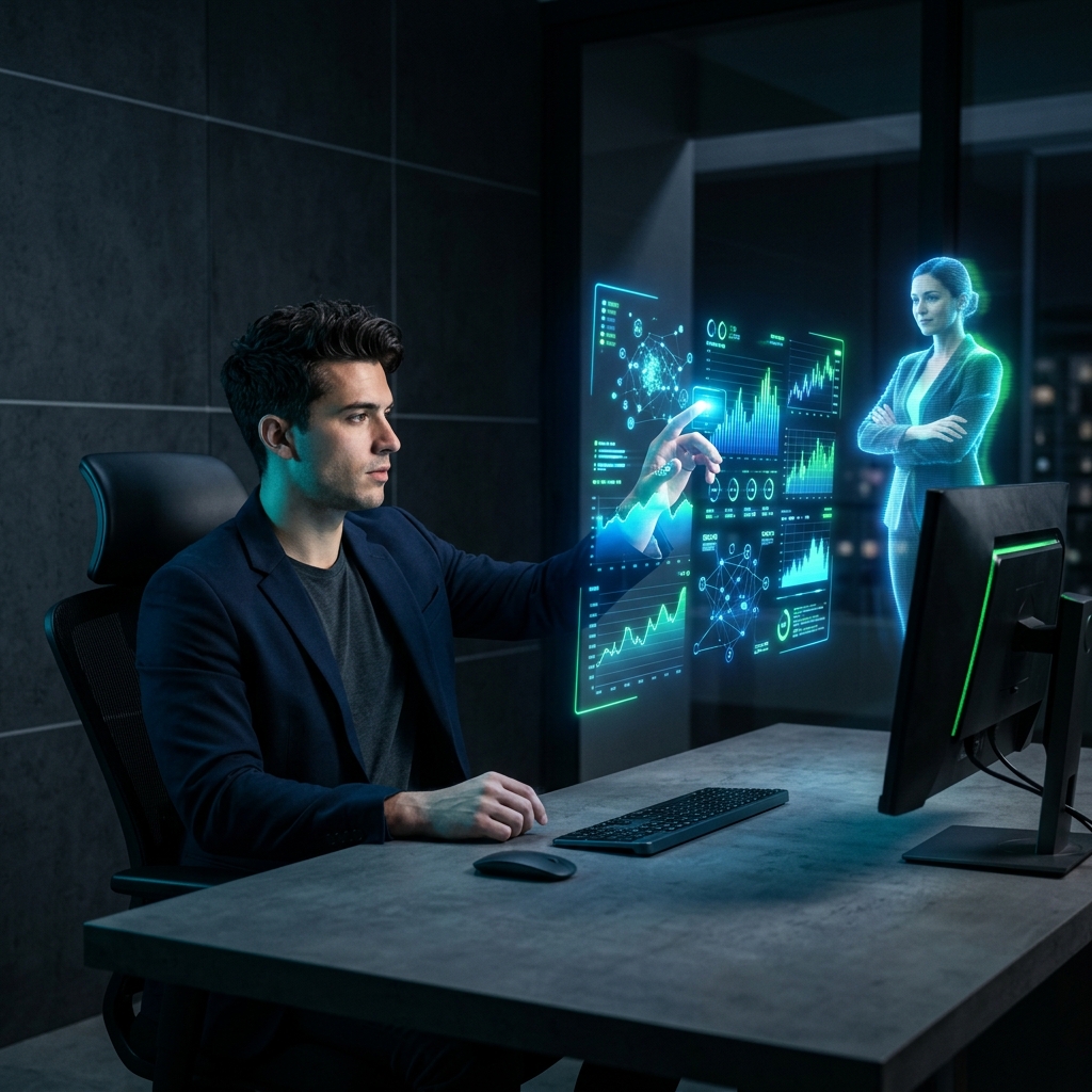 Founder consulting with glowing AI advisor interface
