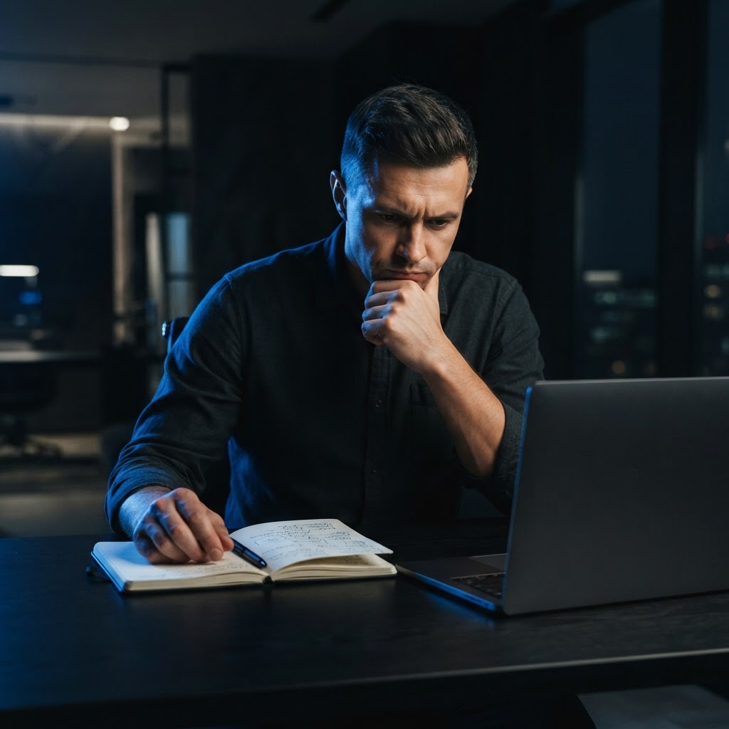 Founder working in a modern, dark office environment