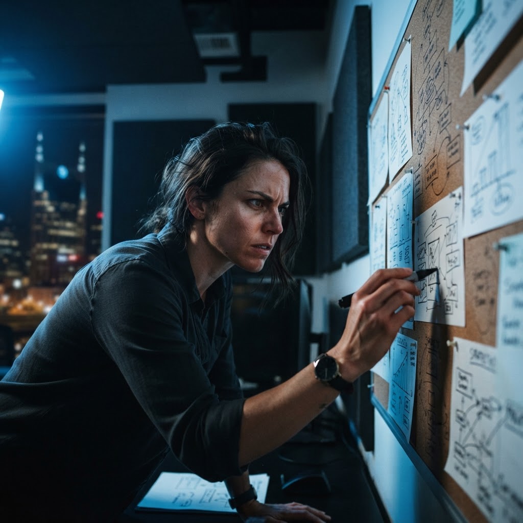 Focused founder working on strategic planning in a dark office