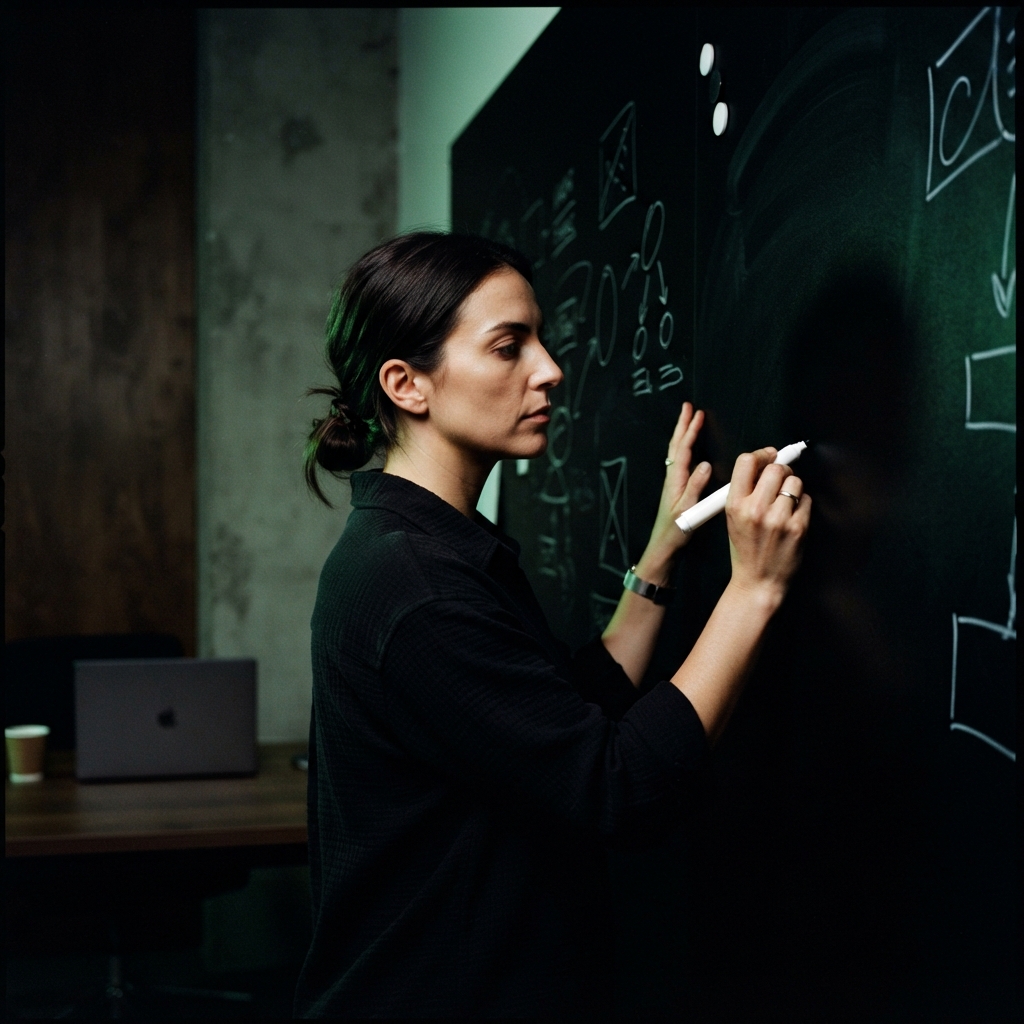 Focused founder planning a strategy in a minimalist workspace