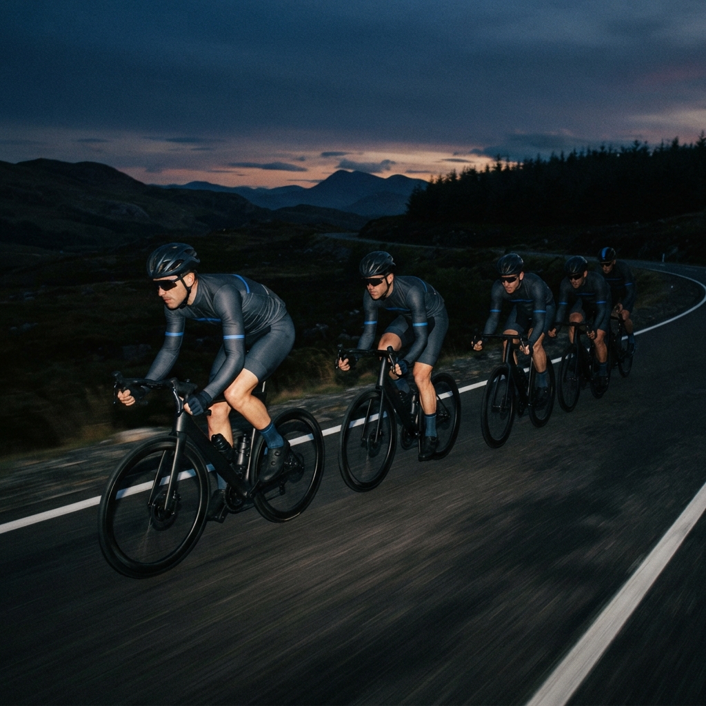 Professional cyclists moving in an aerodynamic paceline formation
