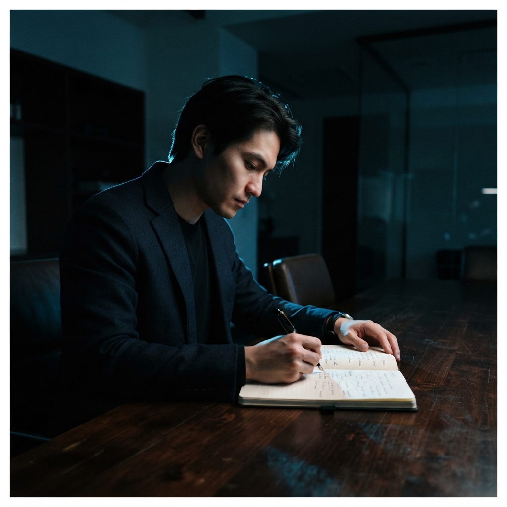 Founder sketching ideas in a dark minimalist workspace