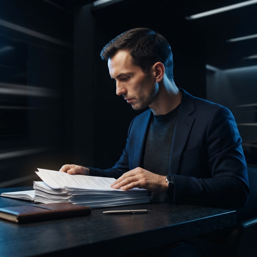 A founder reviewing documents in a dark modern space