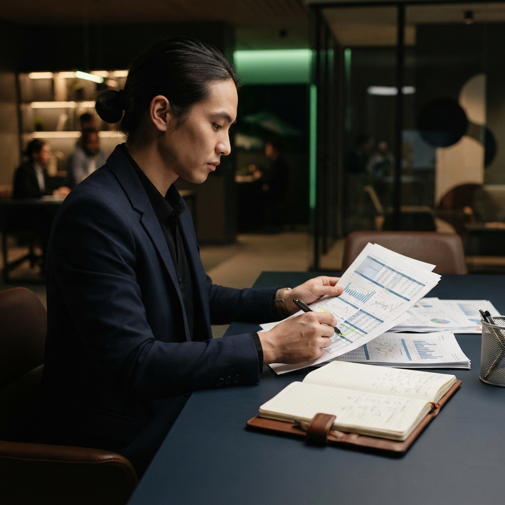 Founder reviewing financial documents in a modern office