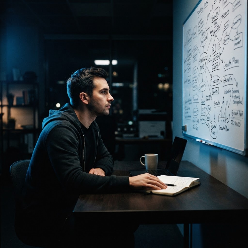 Startup founder planning business strategy at night