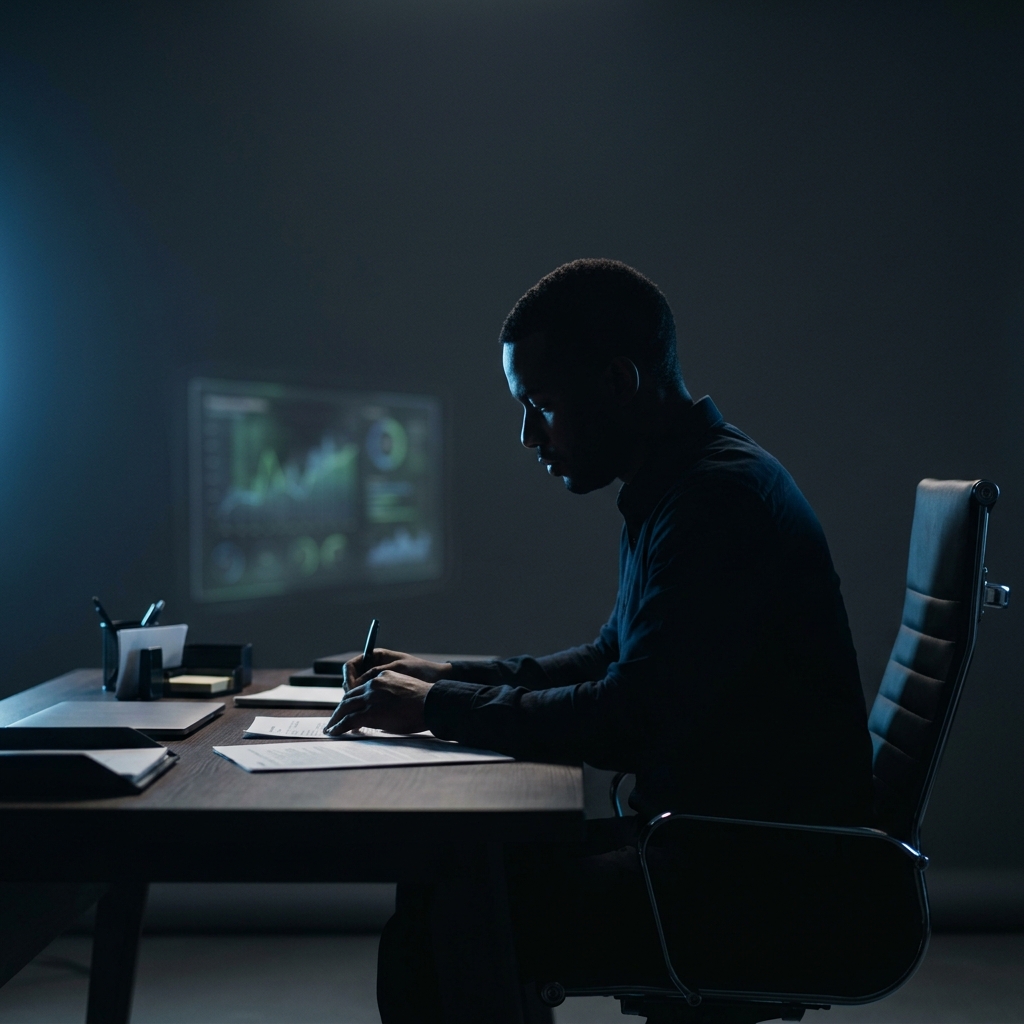 Founder focused at desk with holographic strategy visualization