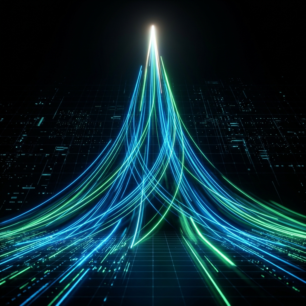 Glowing growth trajectories converging upward through dark space