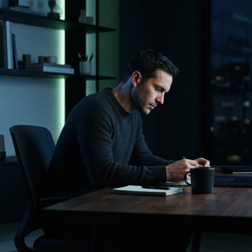 Focused founder working in a minimalist dark office
