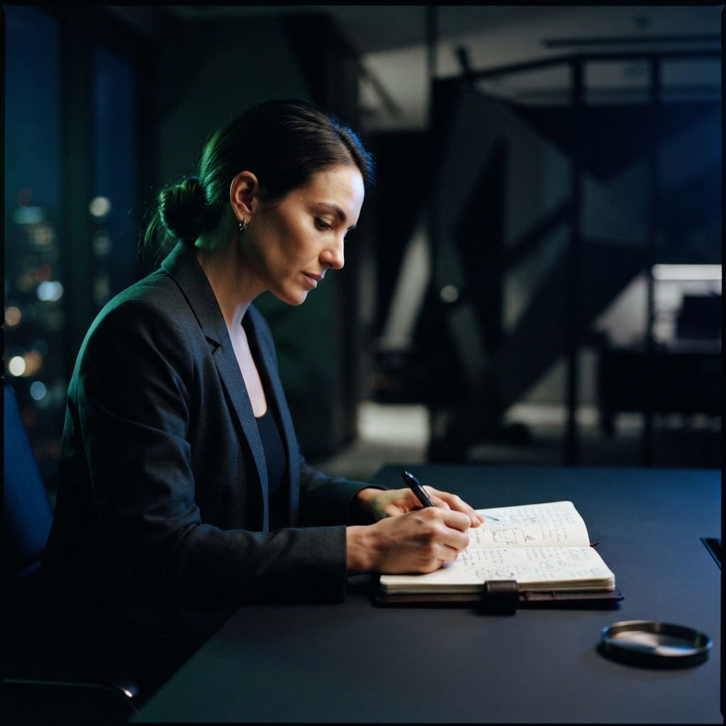 Founder focusing intensely on work in a dark professional studio