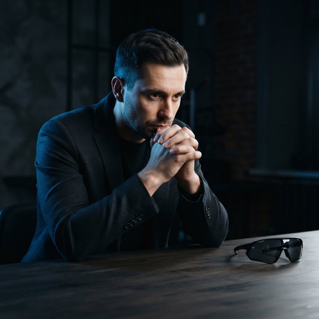 Focused founder sitting at a minimalist desk in a dark studio
