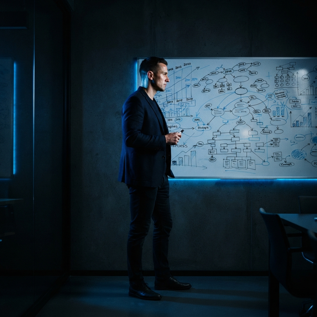 Founder focusing on strategy at a whiteboard