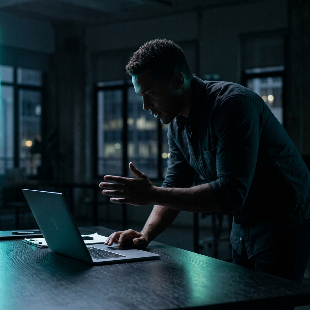 Founder working intensely at laptop with accent lighting