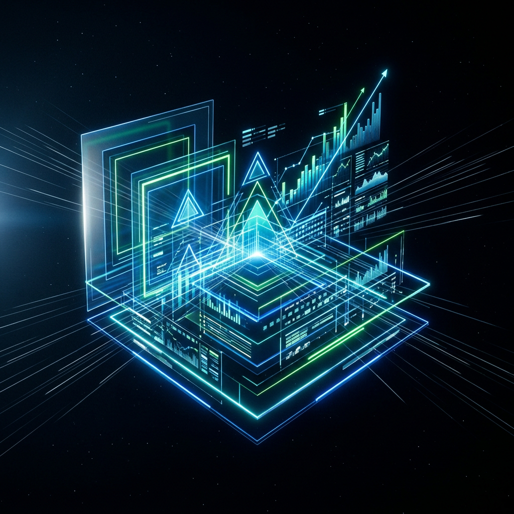 Holographic startup command center with data streams