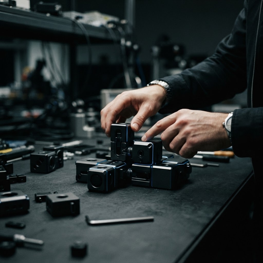 A founder hands building a product with geometric blocks