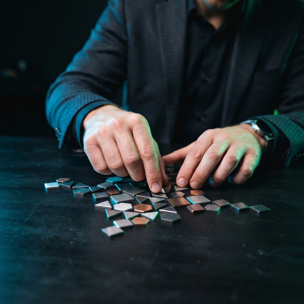 Founder arranging geometric tokens on a dark desk