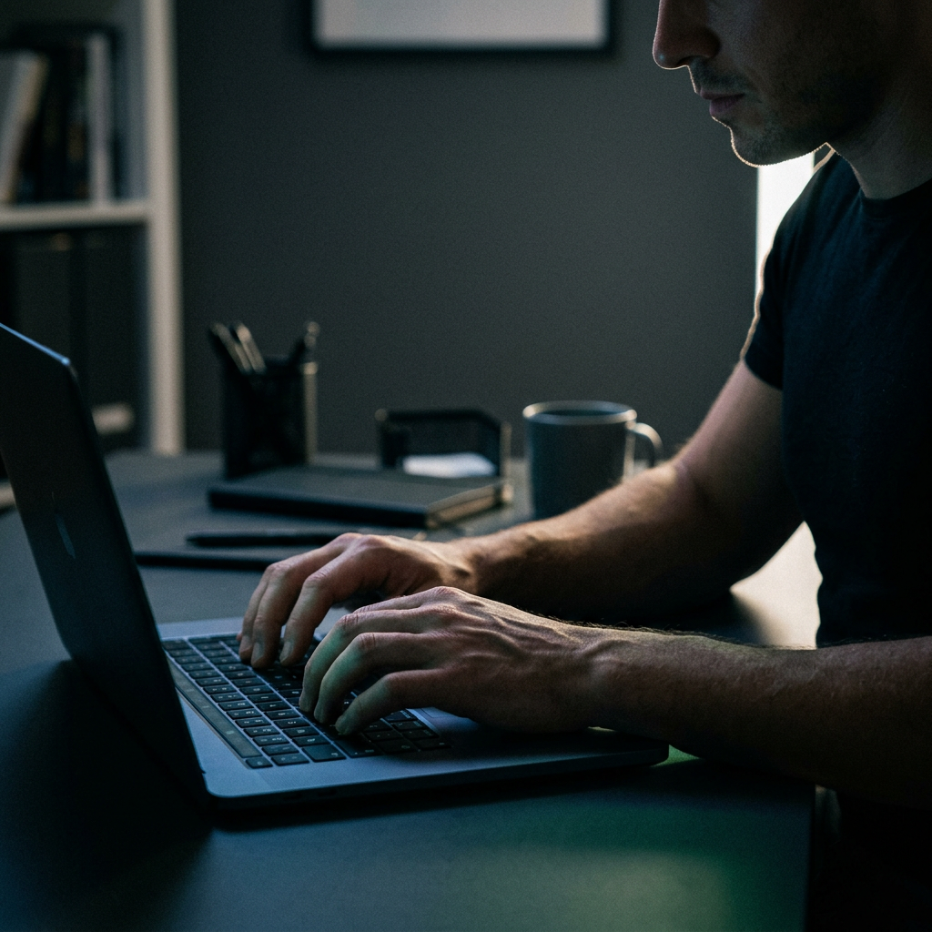 Founder working intensely at laptop with moody lighting