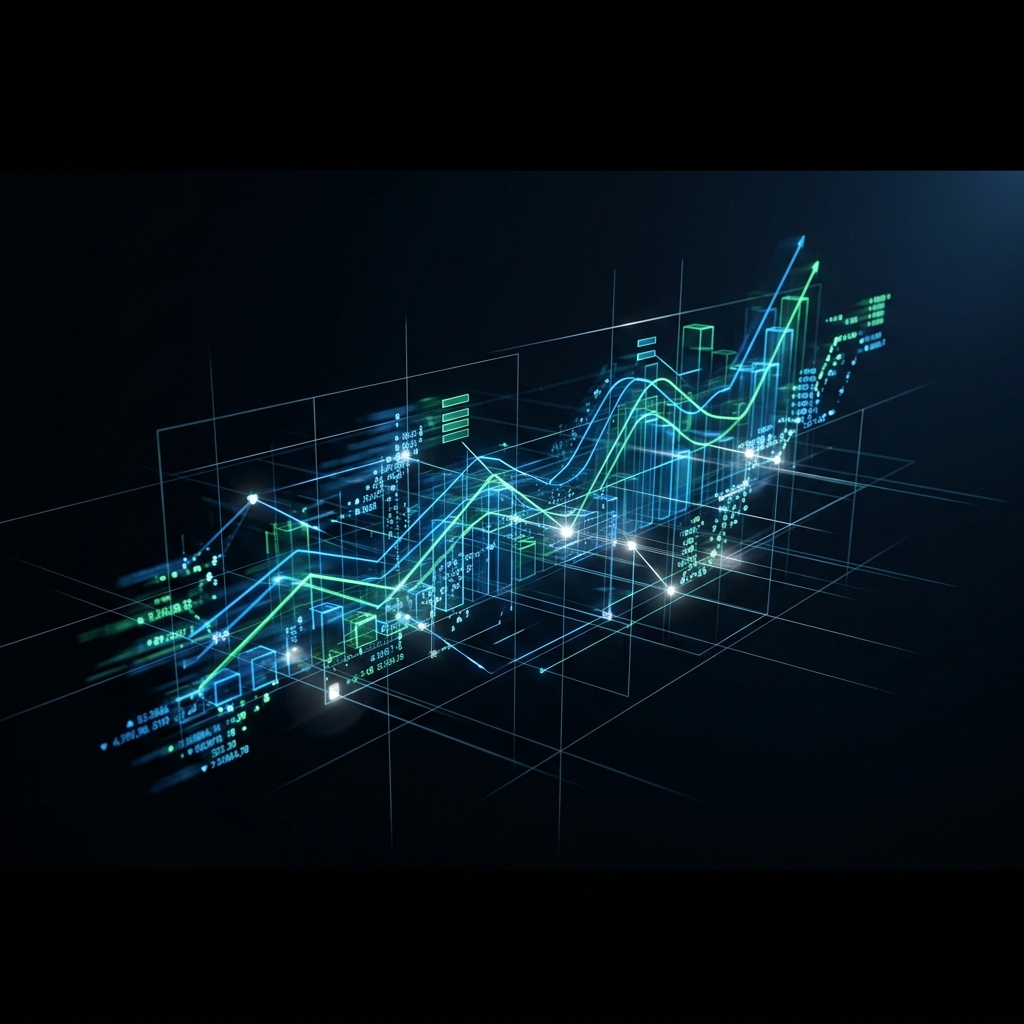 Glowing financial data visualization in dark space
