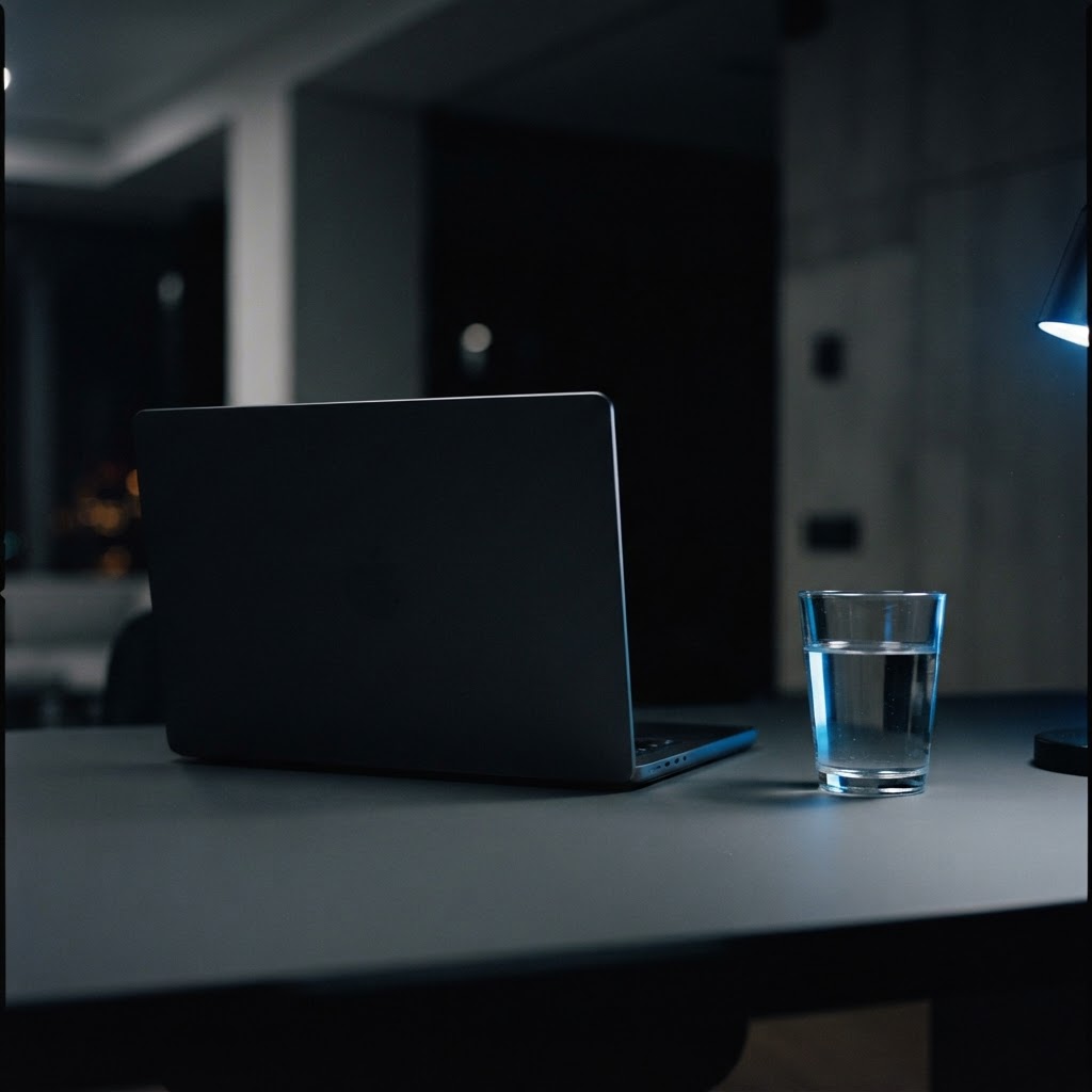 Clean minimalist workspace in dark room