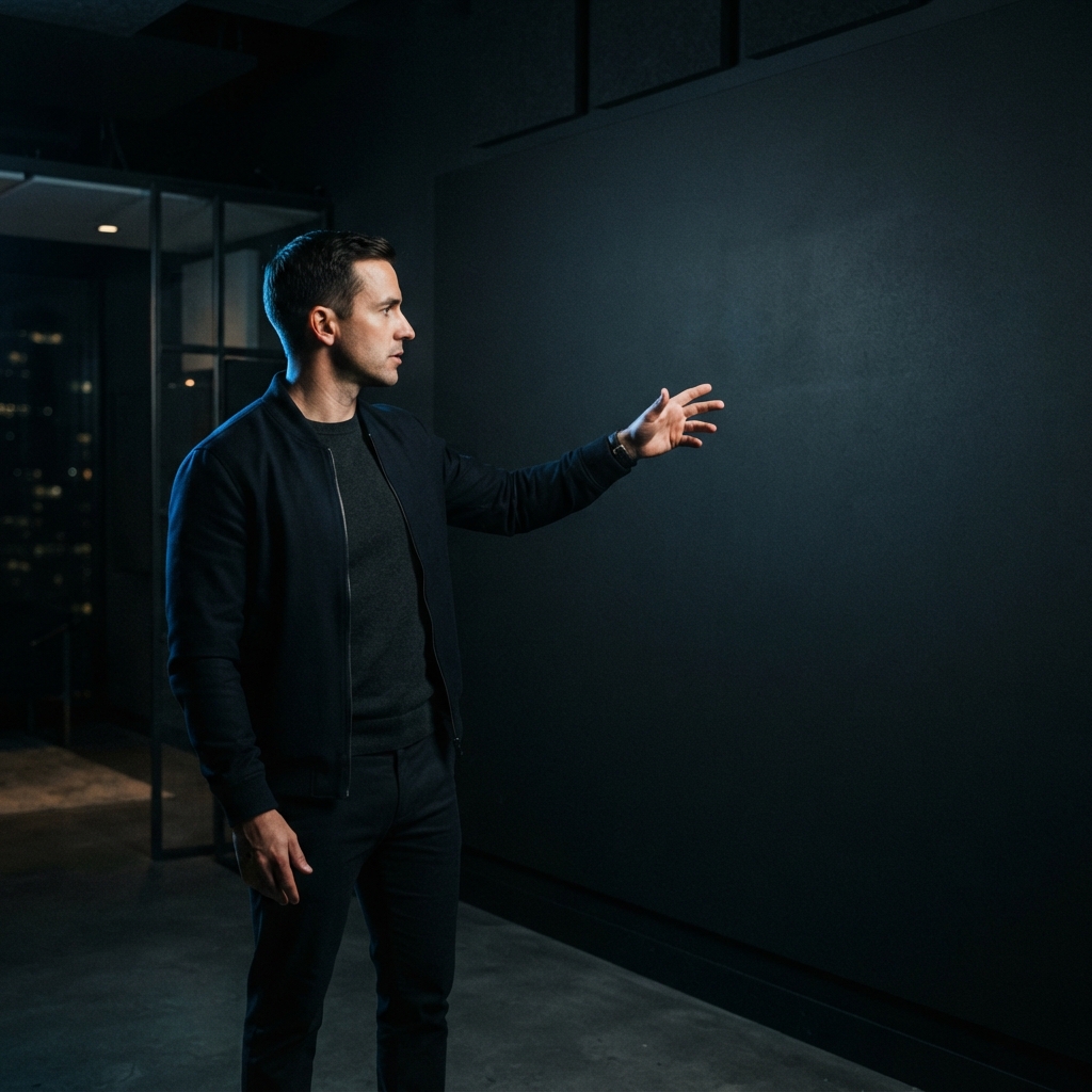 Founder standing in a dark studio making a strategic decision