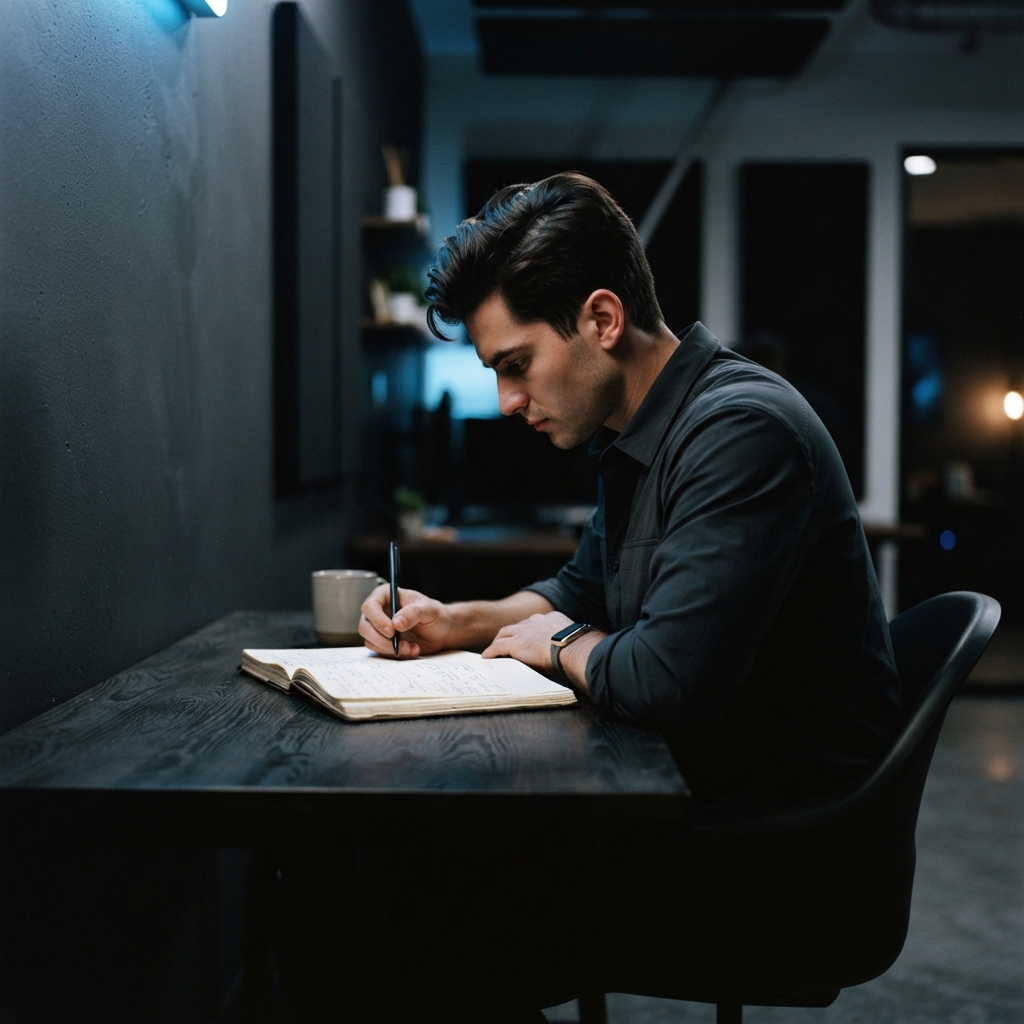 An entrepreneur working intently on business plans at a desk