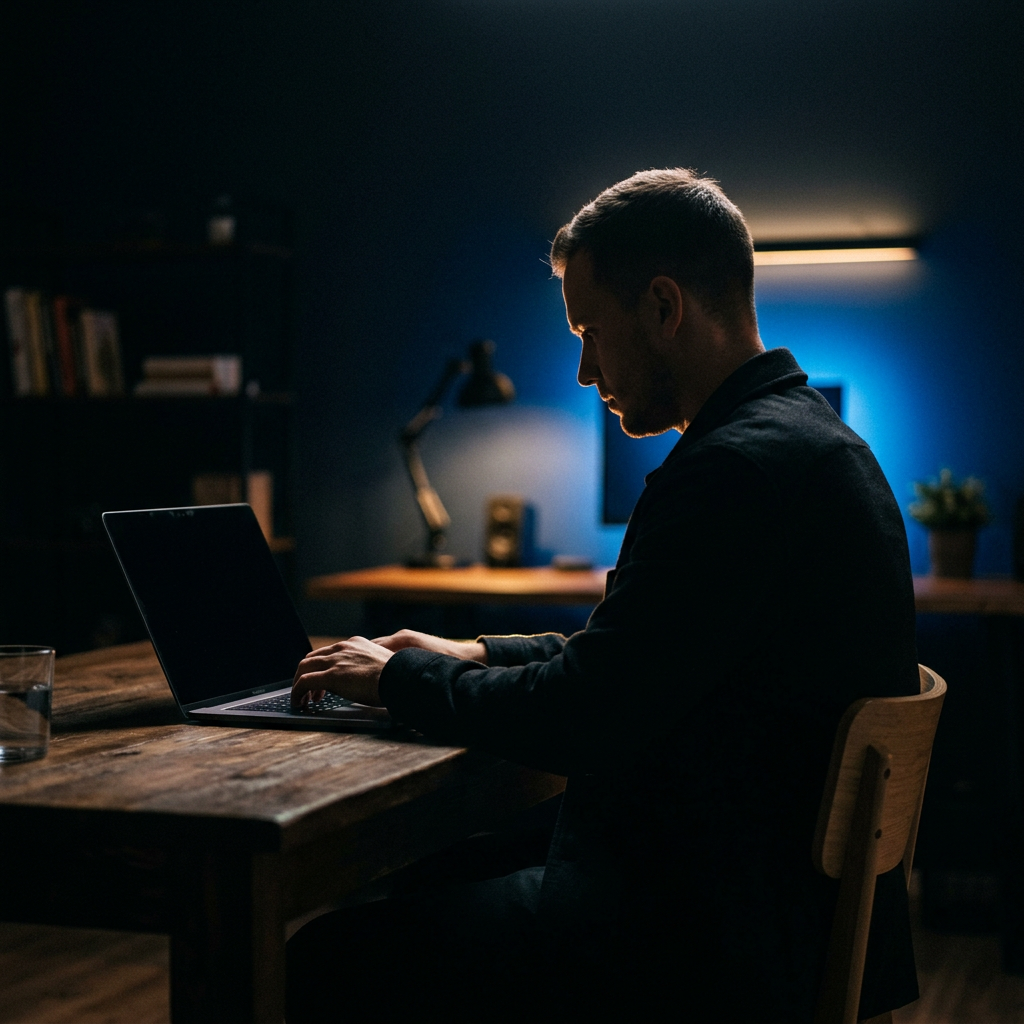 Founder working intently at laptop with blue ambient light