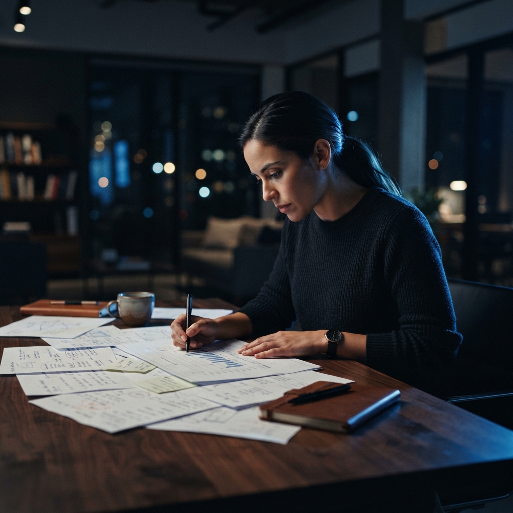 Startup founder reviewing physical business documents at a dark desk