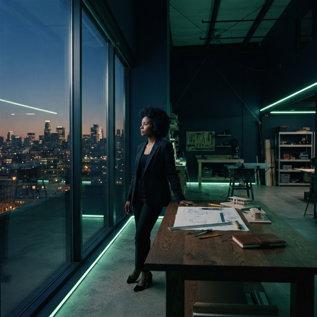Founder standing in a dark modern office at dusk