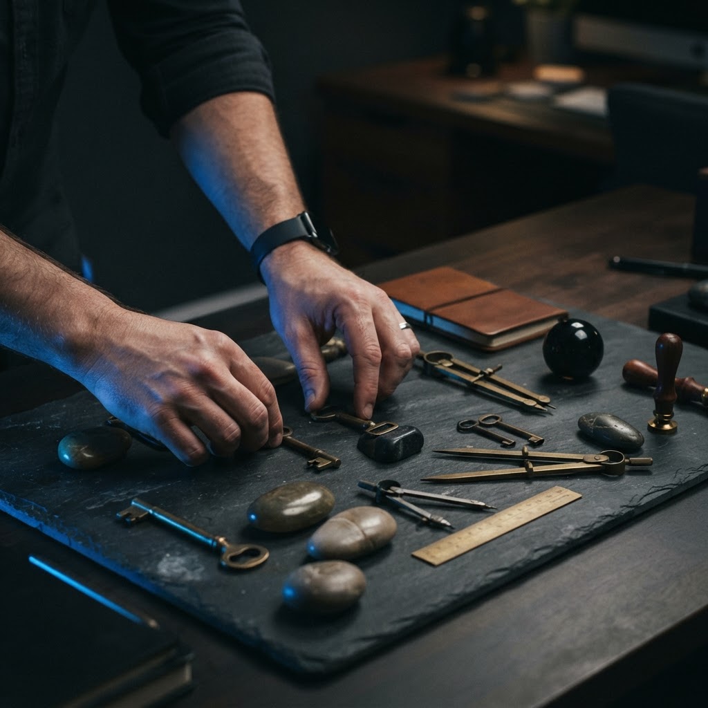 Hands arranging various objects on a dark desk