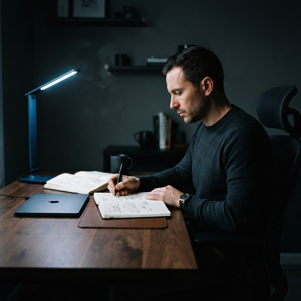 Startup founder planning cash flow at a desk at night