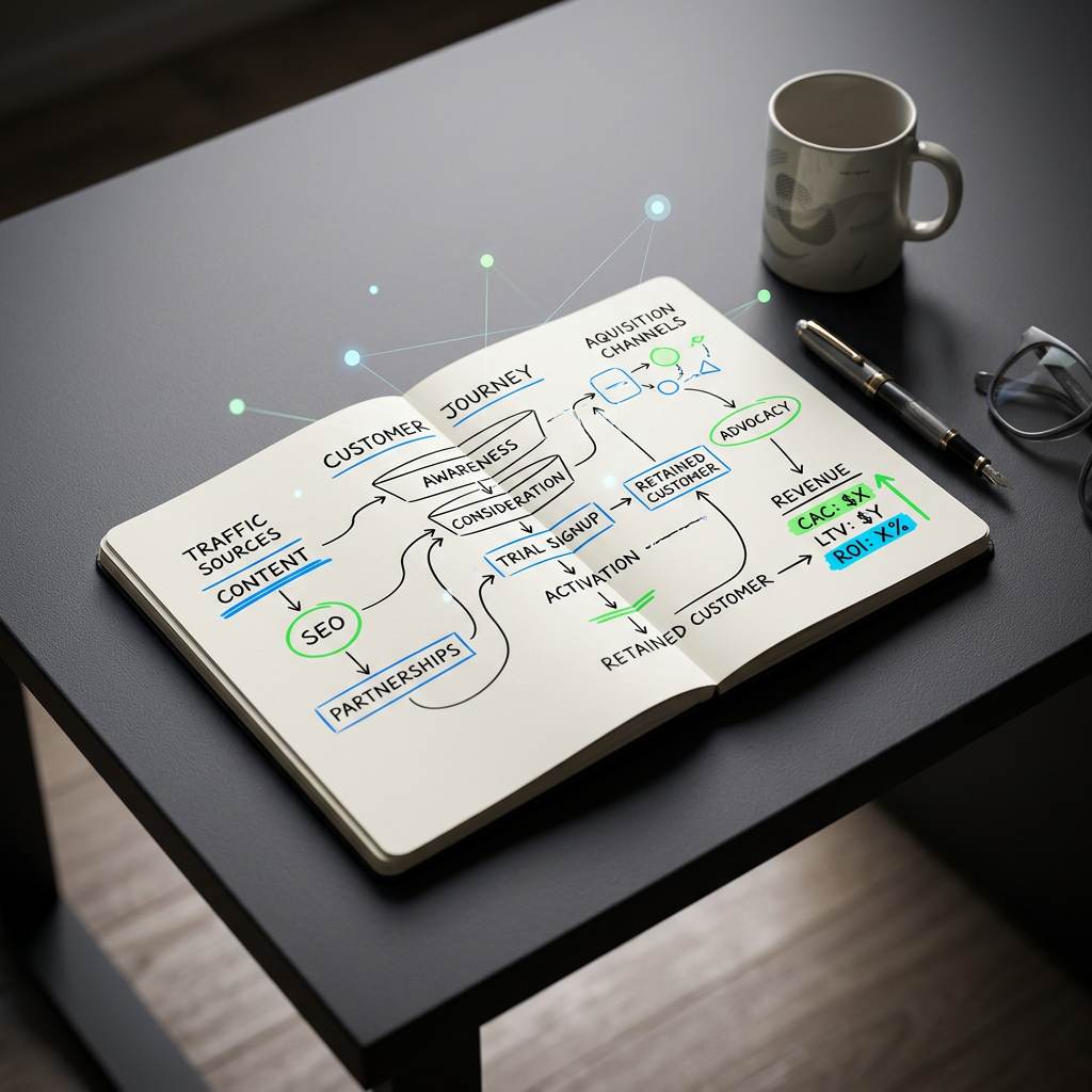 Founder planning customer acquisition strategy with data visualization