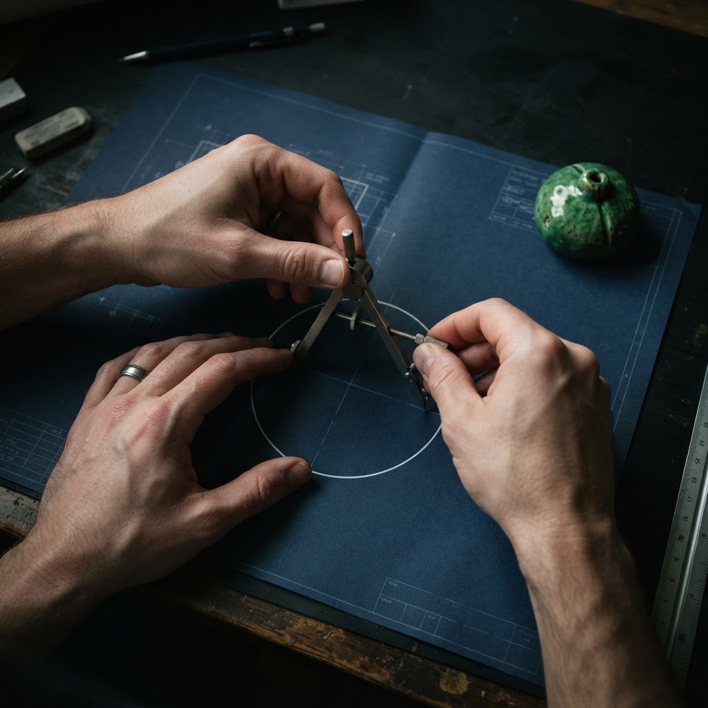 Hands using drafting tools on a dark blueprint
