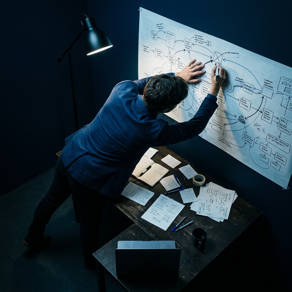 Founder mapping customer journey on wall diagram