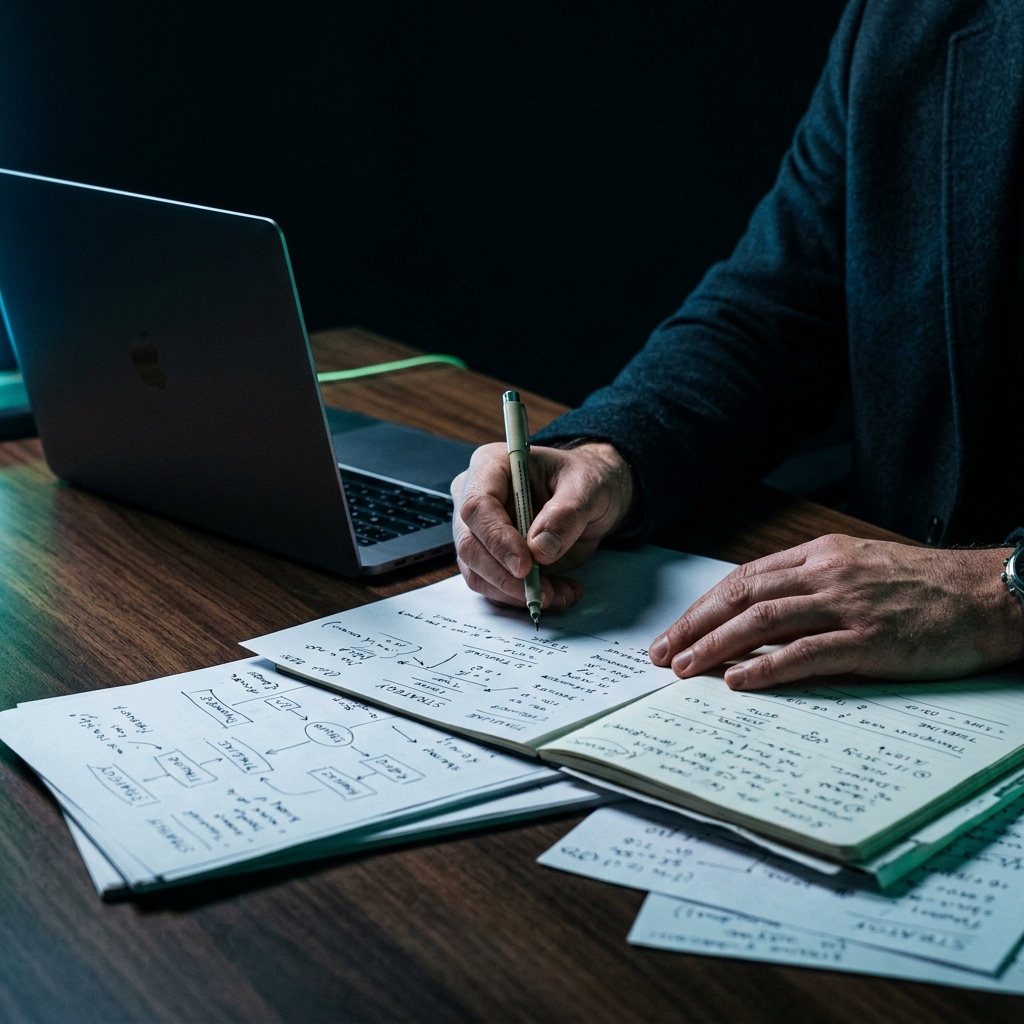 Founder working intently on calculations and strategy