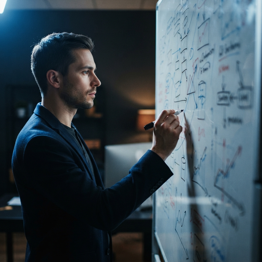 Founder preparing a strategy on a whiteboard