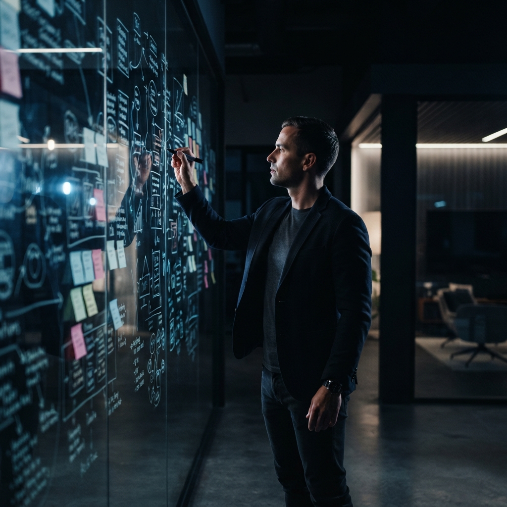 Founder sketching startup framework on glass wall