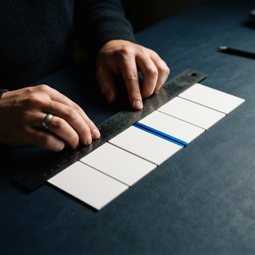 Hands using a black ruler on white cards
